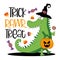 Trick rawr treat - cute alligatior in witch hat with pumpkin, and candies for Halloween.