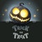 Trick or Treat. 3D illustration of cute glowing Jack O Lantern black pumpkin character with big greeting signboard on black