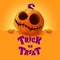Trick or Treat. 3D illustration of cute Jack O Lantern orange pumpkin character with big greeting signboard on orange background