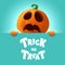 Trick or Treat. 3D illustration of cute Jack O Lantern orange pumpkin character with big greeting signboard on teal background