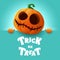 Trick or Treat. 3D illustration of cute Jack O Lantern orange pumpkin character with big greeting signboard on teal background