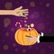 Trick or Treat. adult give candy with children is holding basket pumpkin on background.