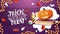 Trick or treat, creative greeting purple postcard with water drop minimal design, spell book and pumpkin Jack