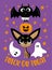 Trick or treat - cute baby bat, pumpkin, chihuahua dog, and ghosts. Isolated on purple background.