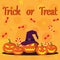 Trick or Treat is five cute pumpkin design on orange background.