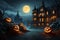 Trick or Treat: A Halloween party border with a haunted mansion looming over the festivities with Generative AI