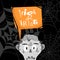 Trick or treat halloween party cartoon poster. Orange modern speech bubble with text and zombie head and brain. Spiderweb black ba
