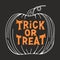 Trick or treat. Halloween traditional quote. Orange lettering in pumpkin sketch on dark background. Vector stock