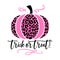 Trick or treat - hand drawn pink pumpkin with leopard pattern and lettering phrase.