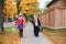 Trick or treat. Happy children going to trick or treat on Halloween holiday. Kids boy and girl in party costumes with baskets