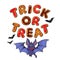 Trick or Treat. letters in shape of Halloween gingerbread cookies. Cartoon vampire bat.