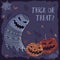 Trick or treat lovely Halloween card with ghost and pumpkin