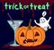 Trick or treat scary poster with cocktail glass, wicked pumpkin, funny ghost on dark background with blood streaks, halloween