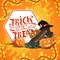 Trick or treat, square orange postcard with garland, halloween ballons, wooden sign, witch hat and pumpkin Jack