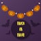 Trick or treat text. Happy Halloween. Bats and pumpkins with lights. Scary Halloween. Violet background. Vector