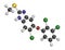 Triclabendazole anthelmintic drug molecule. Atoms are represented as spheres with conventional color coding: hydrogen (white),