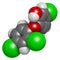 Triclosan antimicrobial molecule. Used in hand soaps, hospital scrubs, deodorants, mouth wash, etc. Atoms are represented as