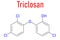 Triclosan antimicrobial molecule. Used in hand soaps, hospital scrubs, deodorants, mouth wash, etc. Skeletal formula.