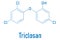 Triclosan antimicrobial molecule. Used in hand soaps, hospital scrubs, deodorants, mouth wash, etc. Skeletal formula.