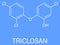 Triclosan antimicrobial molecule. Used in hand soaps, hospital scrubs, deodorants, mouth wash, etc. Skeletal formula.