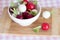 Tricolor radishes in a bowl on a table