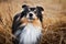 Tricolor sheltie dog portrait in dry grass outdoors