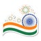 Tricolor Waving Ribbon With Ashoka Wheel And Fireworks In Sticker