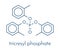 Tricresyl phosphate TCP molecule. Used as plasticizer, for waterproofing, as flame retardant, etc. Known to be neurotoxin..