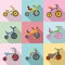 Tricycle bicycle bike wheel icons set, flat style