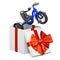 Tricycle, kids bicycle inside gift box, present concept. 3D rendering