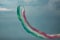 Trieste, Italy - October, 4 2017: Airshow Training of PAN Frecce Tricolori -Tricolour Arrows. Flight patrol during aircraft