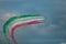 Trieste, Italy - October, 4 2017: Airshow Training of PAN Frecce Tricolori -Tricolour Arrows. Flight patrol during aircraft