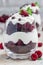 Trifle dessert with brownie, cream cheese frosting and raspberry in glass, vertical