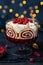 Trifle. Festive layered dessert with berry jelly, swiss roll cake and whipped cream