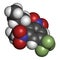 Trifluralin herbicide molecule. 3D rendering. Atoms are represented as spheres with conventional color coding: hydrogen white,.