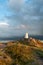 Trig point on top of The Roaches at sunset in the Peak District National Park