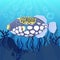Triggerfish fish clown at the bottom of sea with algae, flat realistic drawing. Cute painted colorful violet yellow fish with