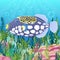 Triggerfish fish clown at the bottom of sea with colorful algae drawing, underwater world background. Violet yellow fish with