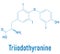 Triiodothyronine or T3, liothyronine, thyroid hormone molecule. Pituitary gland hormone. Skeletal formula.