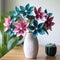 Trillium Arrangement: Teal And Pink Origami Flowers On Wooden Table