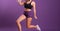 Trim Young Woman In Fitness Clothes On Purple Background With Empty Space Panoramic Banner. Generative AI