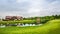 Trimmed field and sand bunkers on golf course