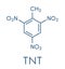 Trinitrotoluene TNT high explosive molecule. Skeletal formula.