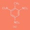 Trinitrotoluene TNT high explosive molecule. Skeletal formula.