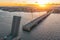 Trinity Bridge with a divorced state. Evening aerial view of the Peter and Paul Fortress at sunset