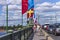 The Trinity Bridge in St. Petersburg, decorated with signal flags of flourishing on the Day of the Navy