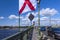 The Trinity Bridge in St. Petersburg, decorated with signal flags of flourishing on the Day of the Navy