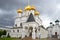 Trinity Cathedral of the Ipatiev monastery closeup gloomy September day. Kostroma, Golden ring of Russia