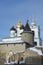 Trinity cathedral Pskov. Kremlin Russia. Ancient fortress on the river bank