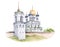 Trinity Cathedral of Pskov Kremlin, Russian Orthodox church, watercolor illustration